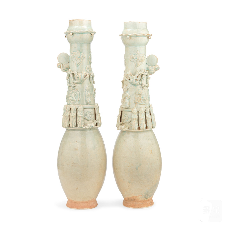 元 青白堆塑瓶一對 | A PAIR OF VERY LARGE QINGBAI FUNERARY JARS